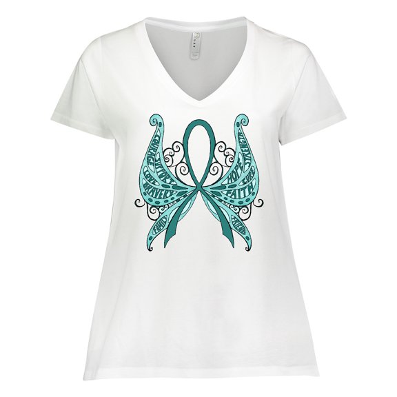 Inktastic Ovarian Cancer Awareness with Butterfly Ribbon Words Women's Plus Size V-Neck T-Shirt