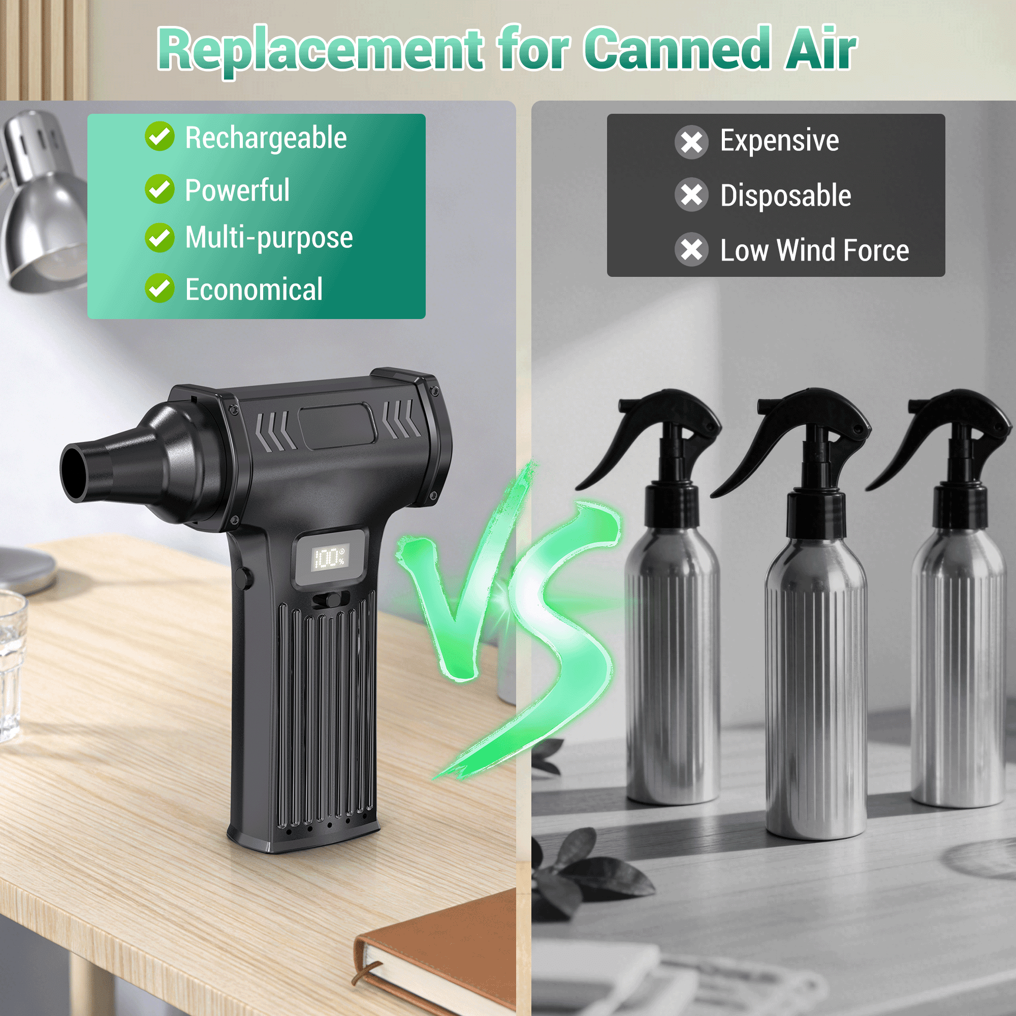 NIGHTEEN Compressed Air Duster,150000 RPM Cordless Electric Air Duster for Computer Cleaning with Brushes and Nozzles