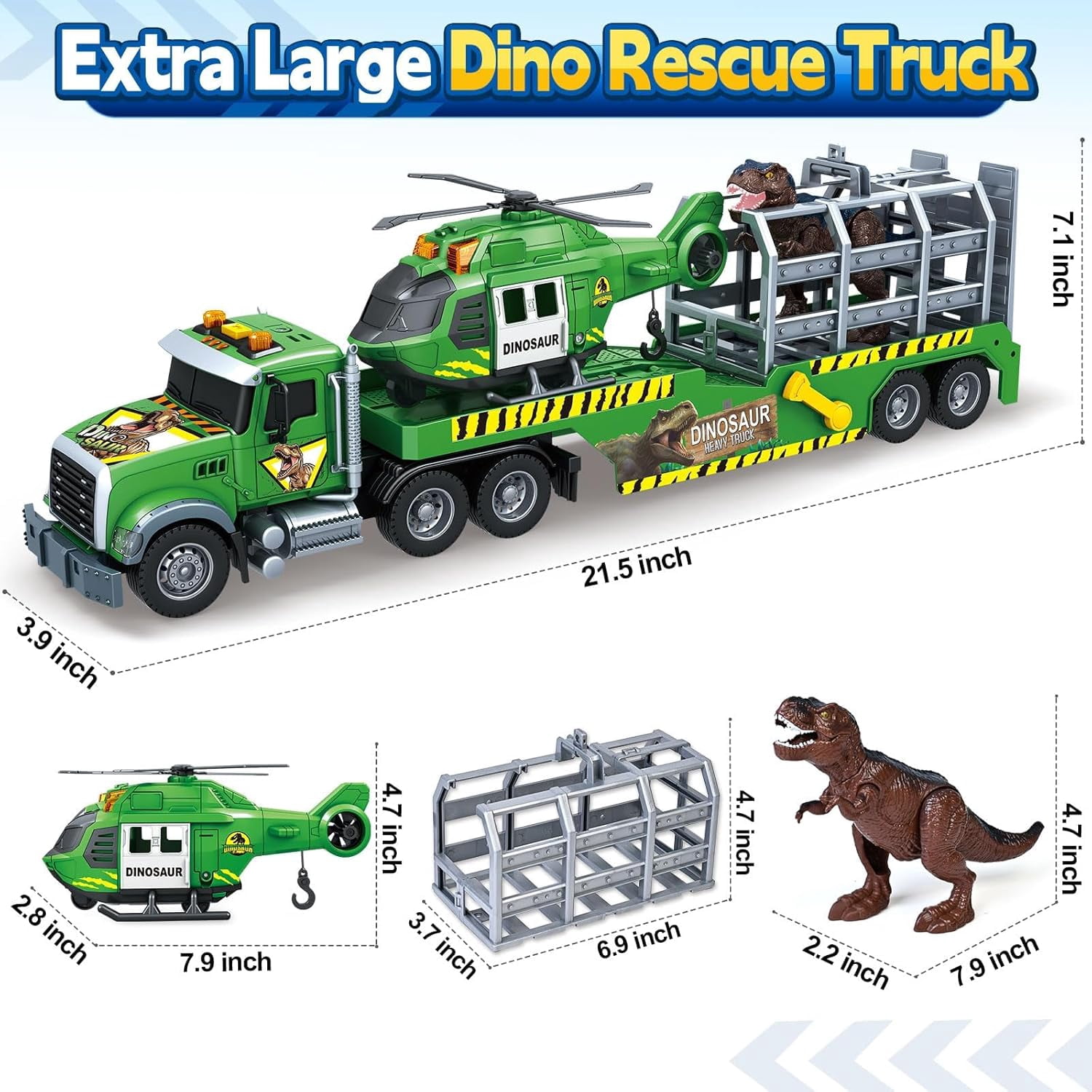 PMHZI 3-in-1 Dinosaur Truck Toy for Kids, Friction Powered Green Flatbed Carrier with Dino Transport, Lights & Sounds, Gift for Boys Ages 3+