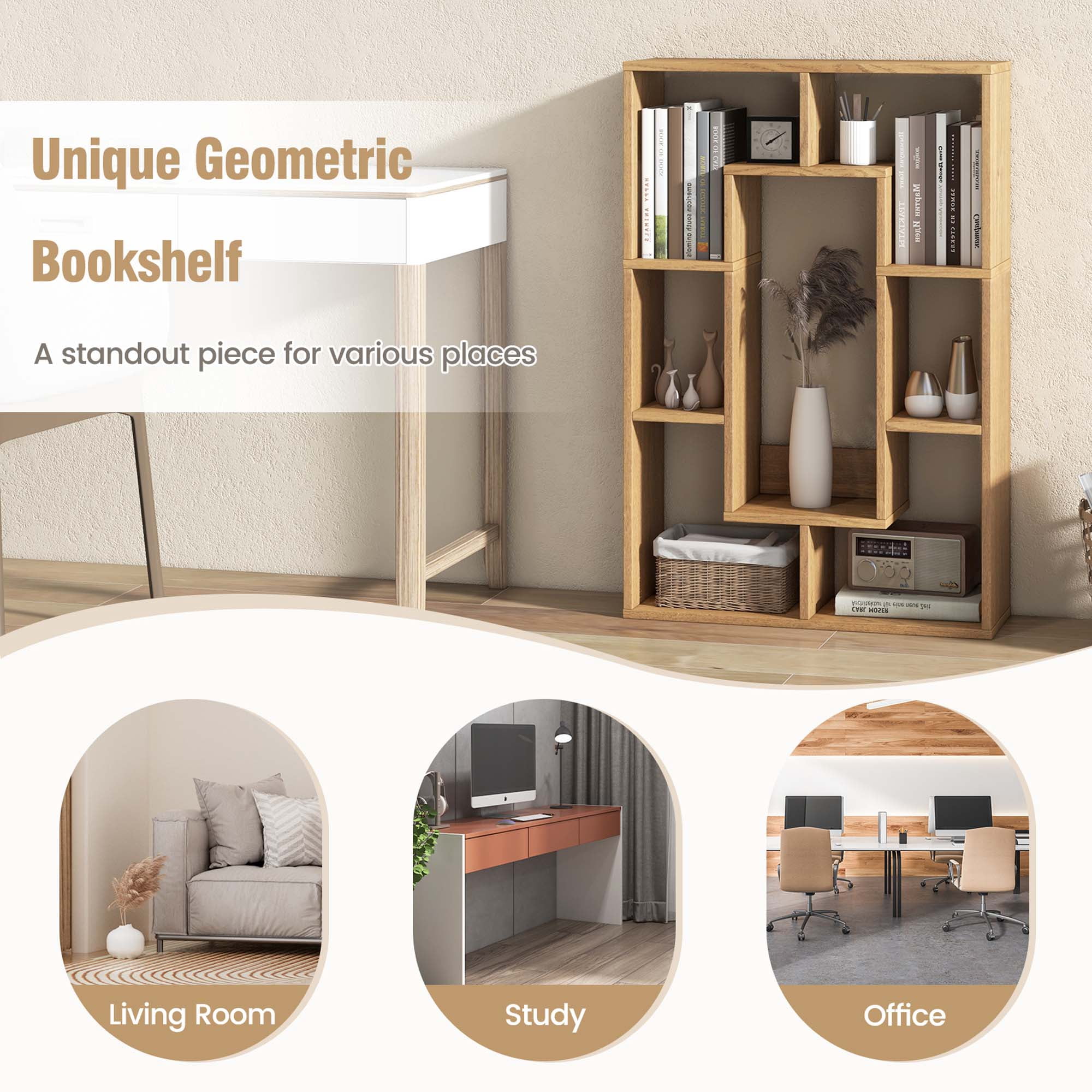 Costway 7-Cube Geometric Bookshelf with Anti-Toppling Device Modern Open Bookcase Natural