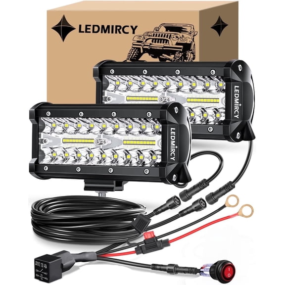 LEDMIRCY 7 inch LED Light Bar Kit with Rocker Switch Wiring Harness, 2PCS LED Pods Triple Rows White Spot Flood Combo Beam for Truck Atv Suv Utv Boat