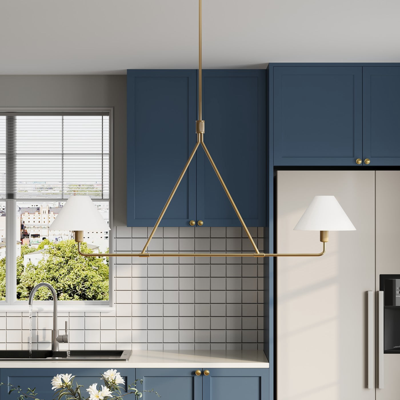 Aiwen Gold Pendant Light Modern Linear Chandelier 2-Light Kitchen Island Lighting Fixture with Fabric Shade