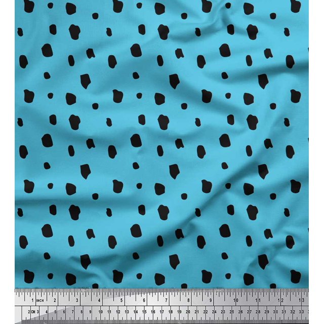 Soimoi Blue Modal Satin Fabric Brush Stroke & Dots Abstract Printed Fabric 1 Yard 42 Inch Wide