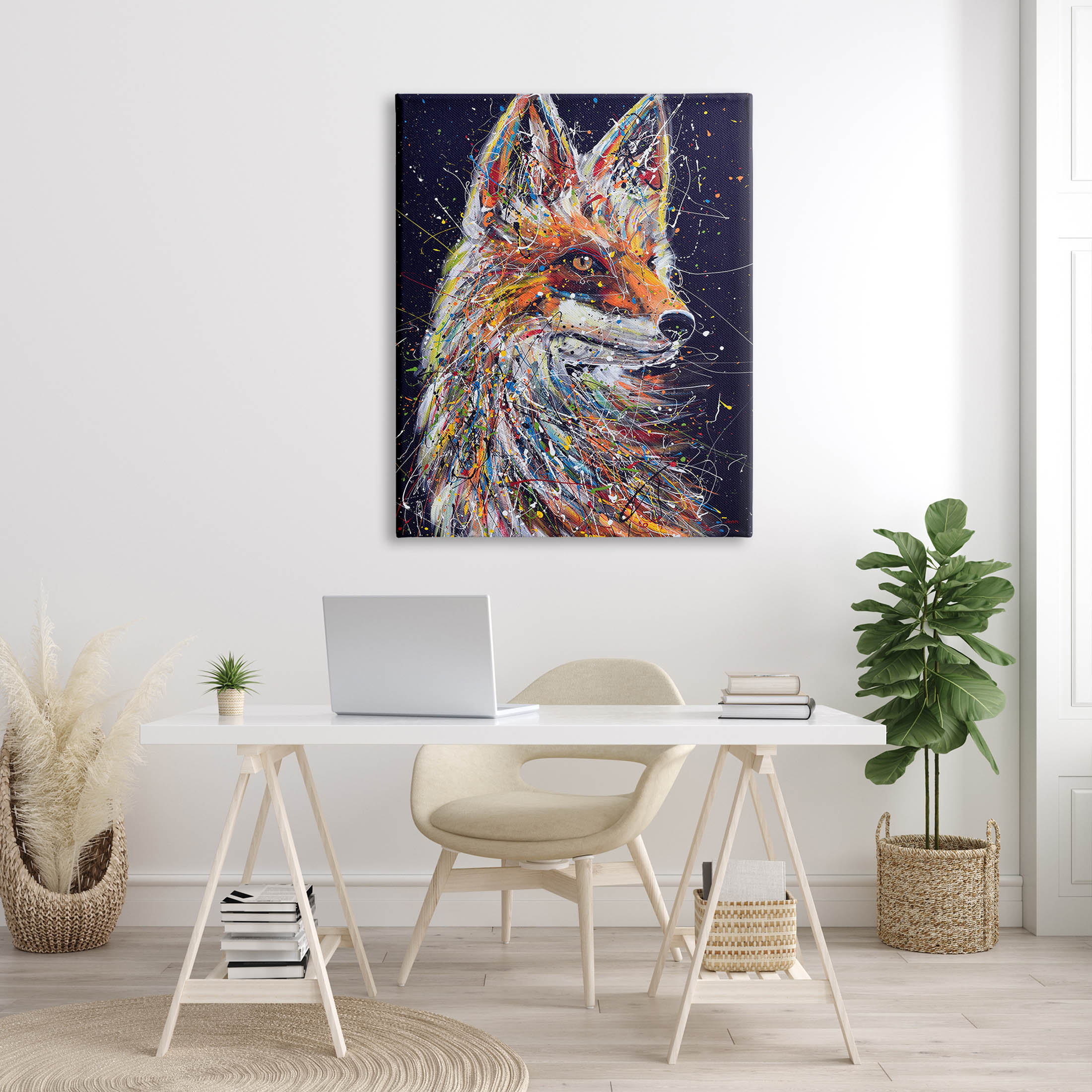 Contemporary Fox Urban Splatter Animals & Insects Painting Gallery Wrapped Canvas Print Wall Art