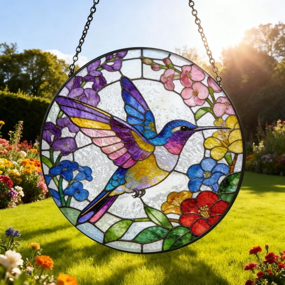 Hummingbird Garden Stained Glass Suncatcher Bird Lover Window Hanging Art Decor