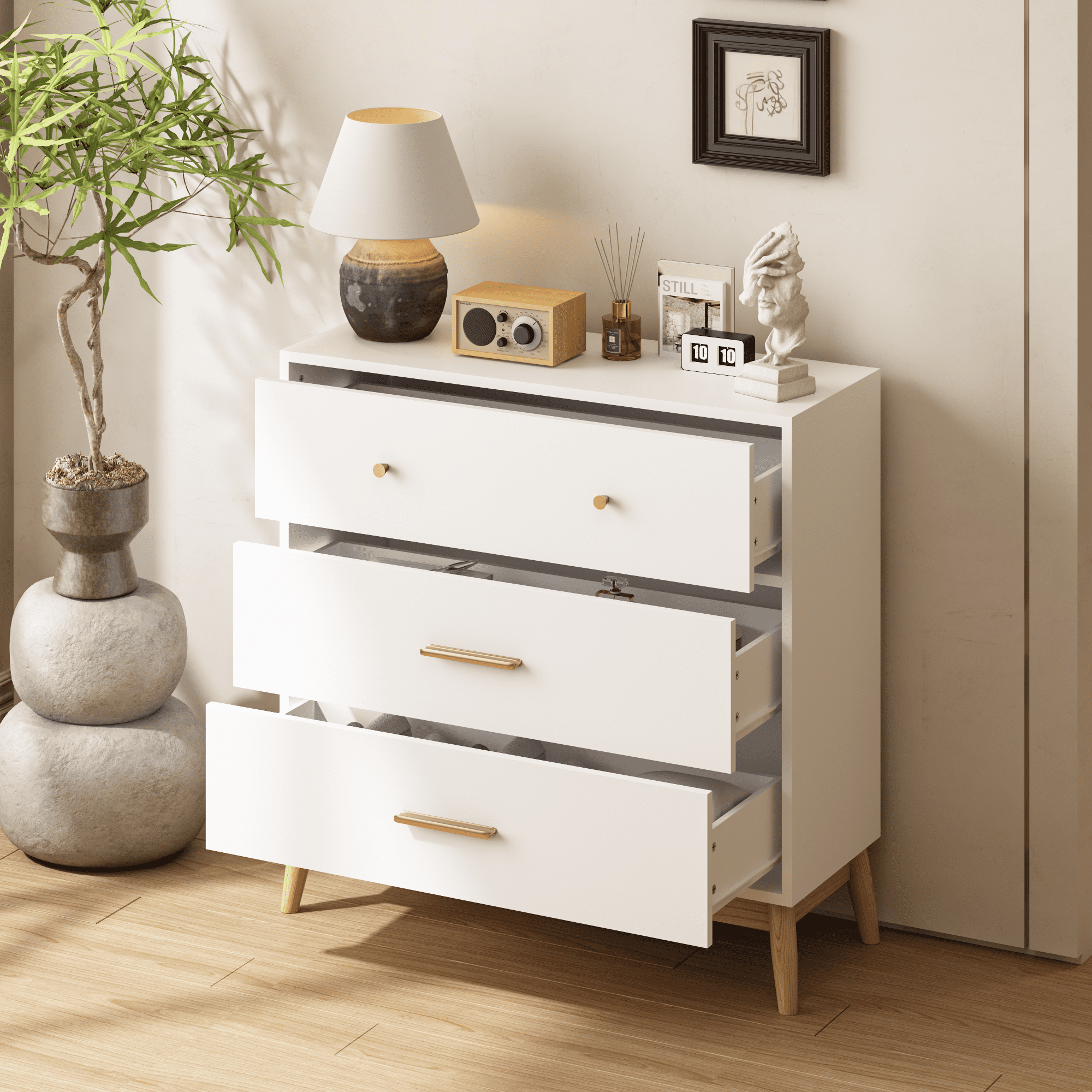 TrumanPick Nordic 3-Drawer White Dresser with Rose Gold Handles & Solid Wood Base - Small Space Storage