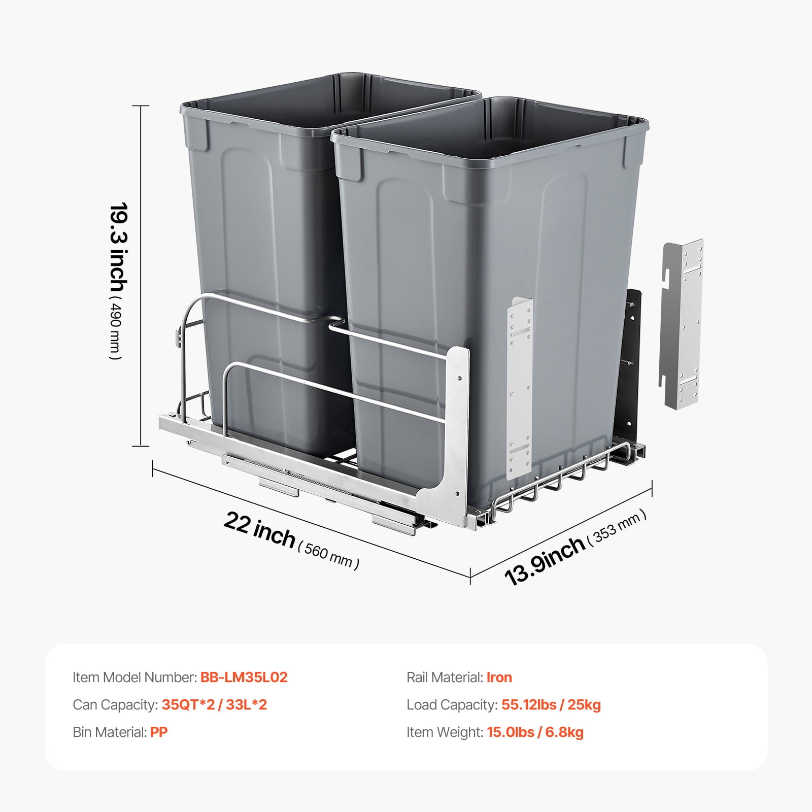 KFFKFF Pull-Out Trash Can, 35 QT x2 Dual Under-Mount Kitchen Waste Bins, Durable Recycling and Garbage Containers with Door-Mount Kit and Soft-Close Slides, Ideal for Cabinets and Under Sink (Grey)