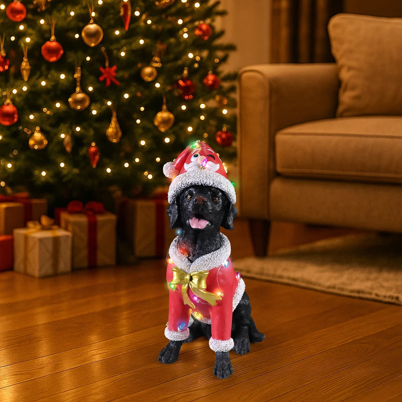 Black Labrador Red Santa Outfit Christmas Dog Statue with Santa Hat Holiday Tabletop Decor