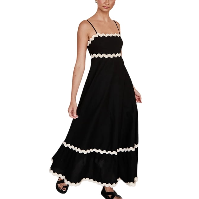 Bellella Robe d'Été de Plage pour Femme, Robe Maxi Bohème à Bretelles Spaghetti, Ample, Sans Manches, Évasée, Noir, M