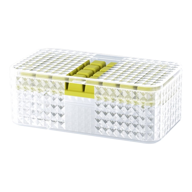 xihbxyly bandeja para hielo, molde rectangular apilable transparente con tapa texturizada y pulsador verde, 3/4 vista frontal que revela separadores internos y diseño de prensado para desmoldeo suave; ideal para fabricar cubitos de hielo en casa y también adecuada para congelar porciones pequeñas de caldos o purés.