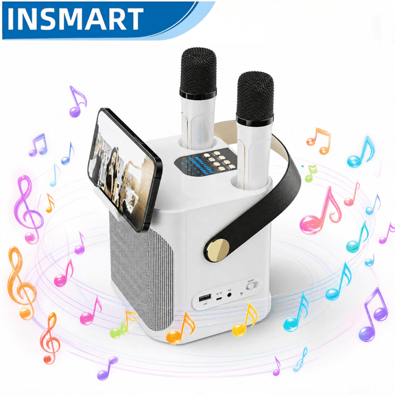 INSMART Karaoke Machine, Portable Bluetooth Speaker with 2 Wireless Microphones for Adult & Kids, 4 Voice Effects, Karaoke Microphone Supports USB/TF/FM/AUX for Home Party