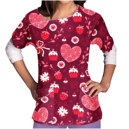 

Qiaocaity Women Tops Summer Valentine s Day Print Scrub Tops Working Uniform with Pocket Medical Scrub Top V-Neck Short Sleeve Tops 2023 Savings Clearance! Wine M