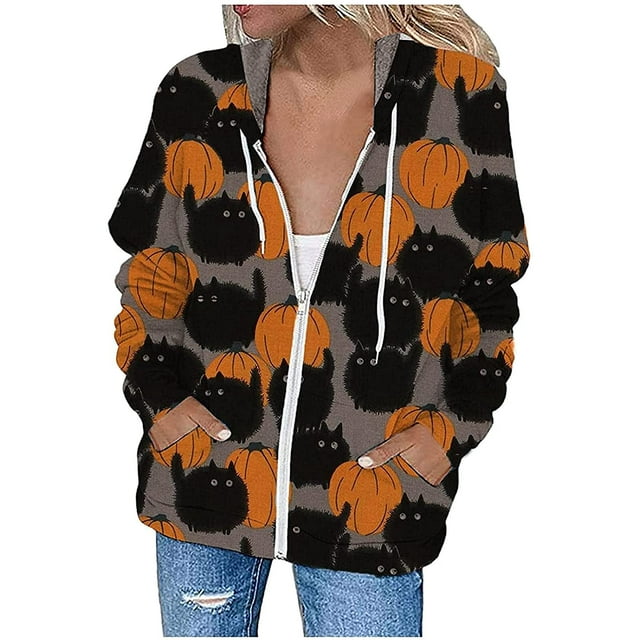 Chandail en Molleton Chat Citrouille Pull Col Rond Halloween pour Femmes Manches Longues Décontracté Ample