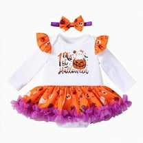 HCNTES My 1st Halloween Baby Girl Outfits Letter Pumpkin Print Romper Suspender Skirts Headband Socks(Style1,9-12 Months)