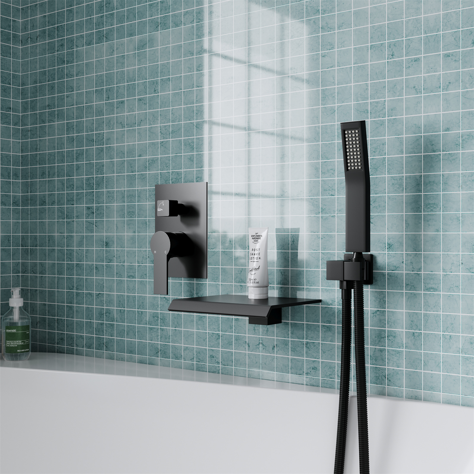 ANGELES HOME Wall Mount Tub Faucet with Waterfall Tub Spout, Bathtub Faucet with Handheld Shower, Single Handle Tub Filler Shower Faucet Set, Matte Black