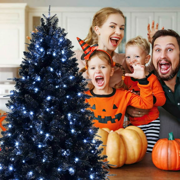 Resenkos 7ft Pre-Lit Black PE/PVC Tree - 1916 Tips, 450 Lights, Metal Stand, Foldable Base, Halloween/Home Decor, Black