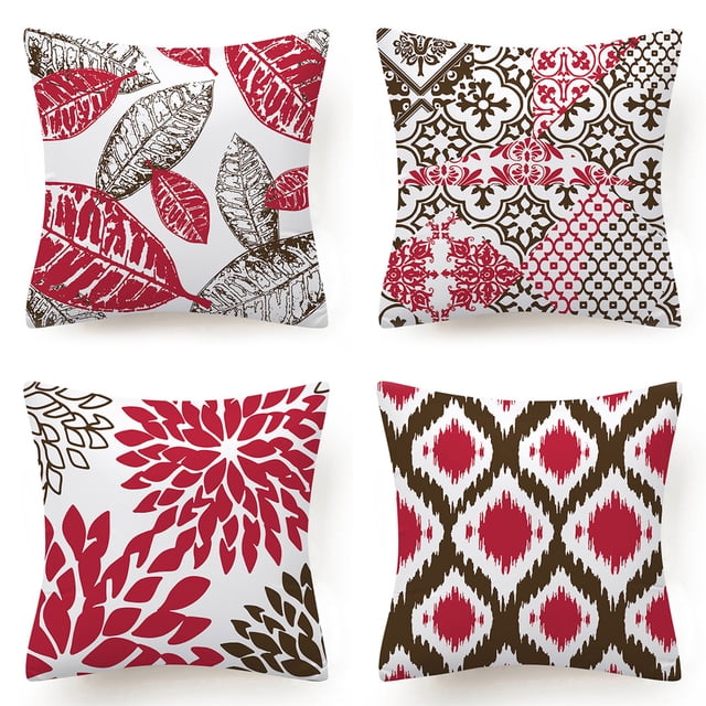 Housses de Coussin Géométriques 45*45 cm Ensemble de 4, Housse de Coussin Décorative pour Canapé, Housse de Coussin en Lin Décoration Extérieure pour la Maison, Style Rouge-Brun 10