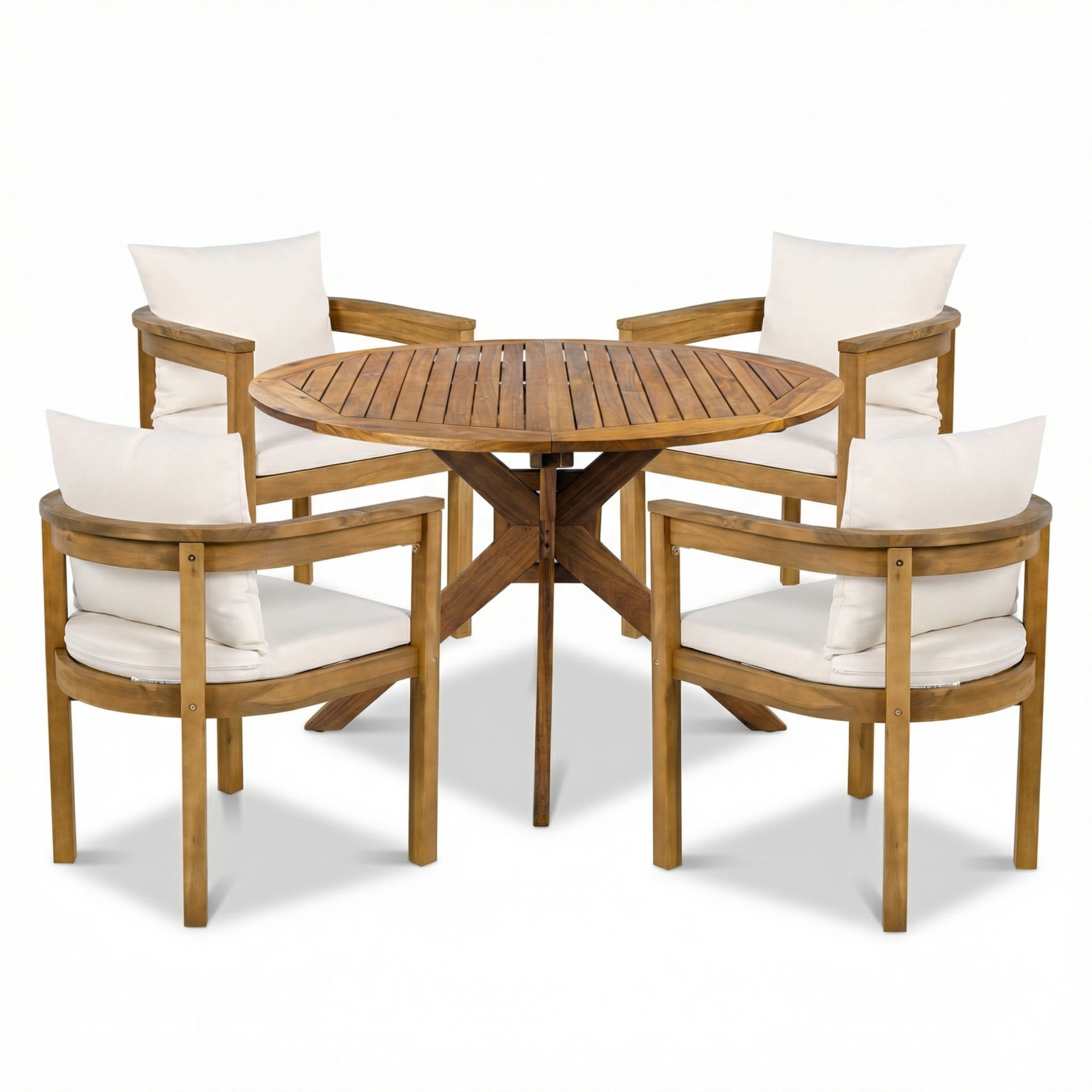 Christopher Knight Home 5-Piece Rustic Outdoor Dining Set, Round Table with Beige Cushioned Chairs, Teak