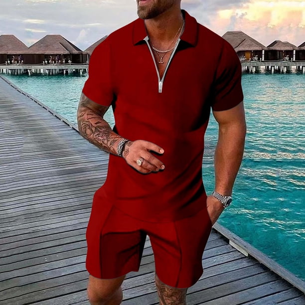 WILLBEST Traje Corto para Hombre, Dos Trajes para Hombre, Camisa y Pantalones Cortos de Color Liso con Cremallera En La Parte Superior.