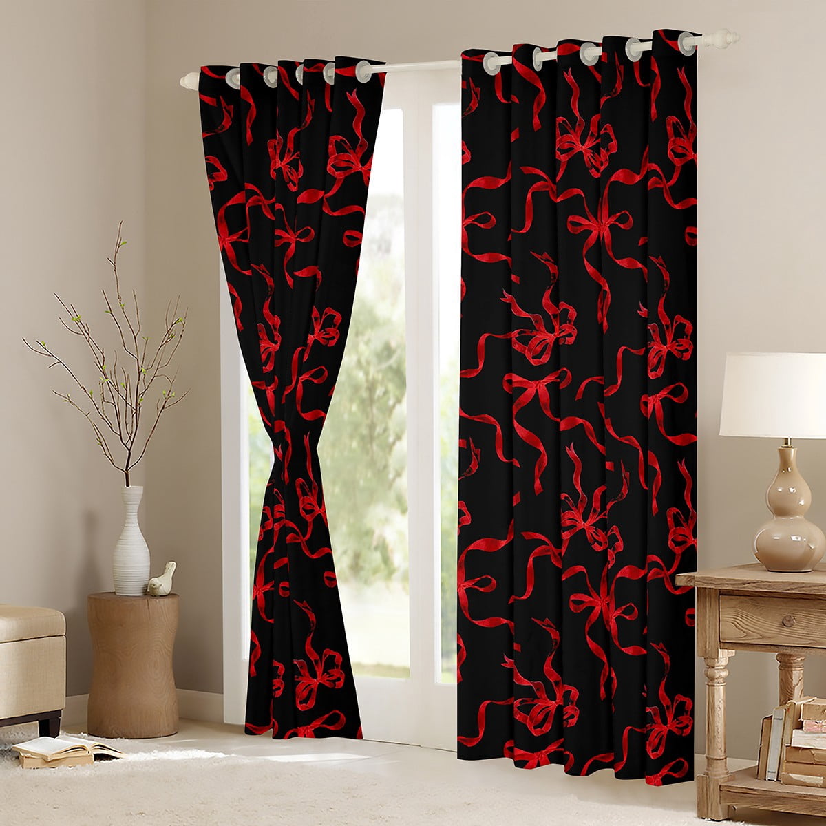 jejeloiu Cartoon Bowtie Blackout Curtains Set of 2 (52x84 Each),Bow Bowknot Window Curtains,Red Black Curtains and Drapes For Girl,Microfiber Room Decor