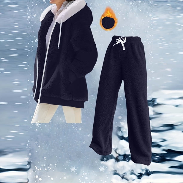 HongQid Womens 2 Piece Sweatsuit Set Sherpa Winter Coats Fleece Zip Up Jackets Warm Plush Hooded Plus Size Winter Coats Oversized Fuzzy Jackets with Pants