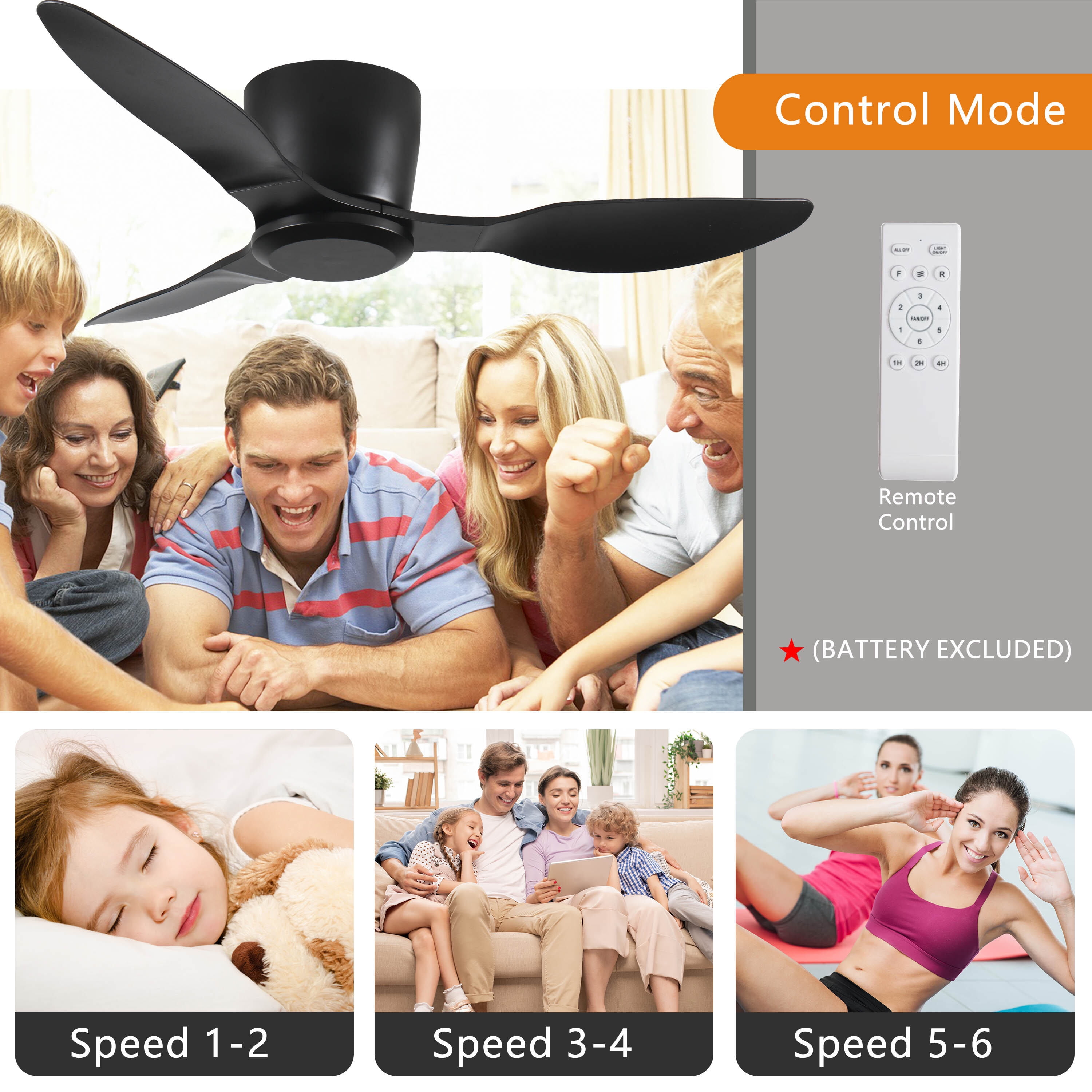 Pedestal Fan, 40" Flush Mount Ceiling Fan without light, 3 Reversible Blades, with 6 Speeds Reversible DC Motor,Low Profile Ceiling Fan with no light for Living Room Kitchen Bedroom, Black Tower Fan