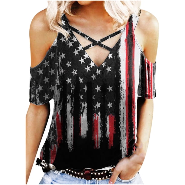 Tops Para Mujer Blusas Casuales Elegantes Camisas Día de La Independencia Erógeno de Moda Correa de Cuello Redondo Camiseta de Un Hombro Blusa Estampada Odeerbi ODB156149