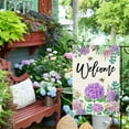 thumbnail image 4 of Summer Spring Hydrangea House Flag Double Sided 28x40 Inch, Purple Blue Flower Floral Welcome Garden Flag Burlap Vertical Seasonal Farmhouse Yard Outdoor Decoration (Large), 4 of 5