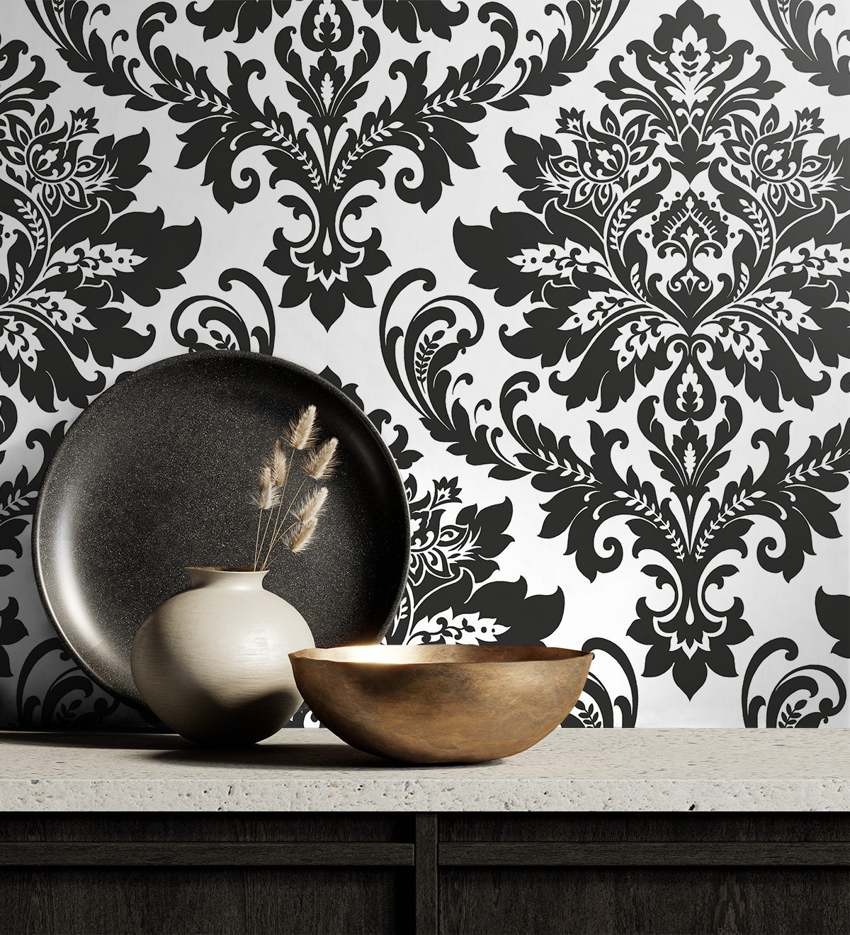 NextWall  Black Damask Peel and Stick Removable Wallpaper - 20.5 in. W x 18 ft. L