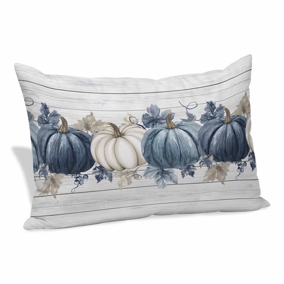 Blue Grey Fall Pillow Covers, Linen Long Throw Pillow Case, Vintage Thanksgiving Botanical Holiday Pillow Protector Decorative Cushion Cover for Living Room/Bedroom 12" x 20"