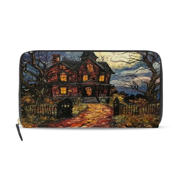 Qxltty A Haunted House Women's Leather Wallet Fashion Retro Multi Card Holder with Cell Phone Pocket Mothers Day Gifts