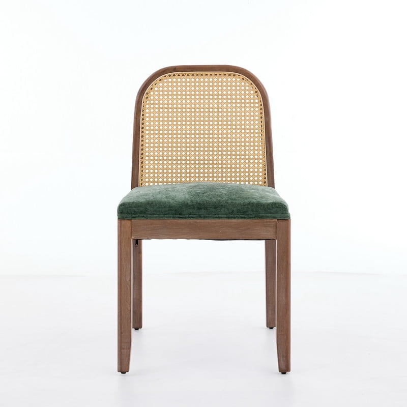 2-Piece Arched Rattan Back Dining Chairs, Farmhouse Side Kitchen Chairs, Chenille Upholstered Armless Accent Chair Set of 2