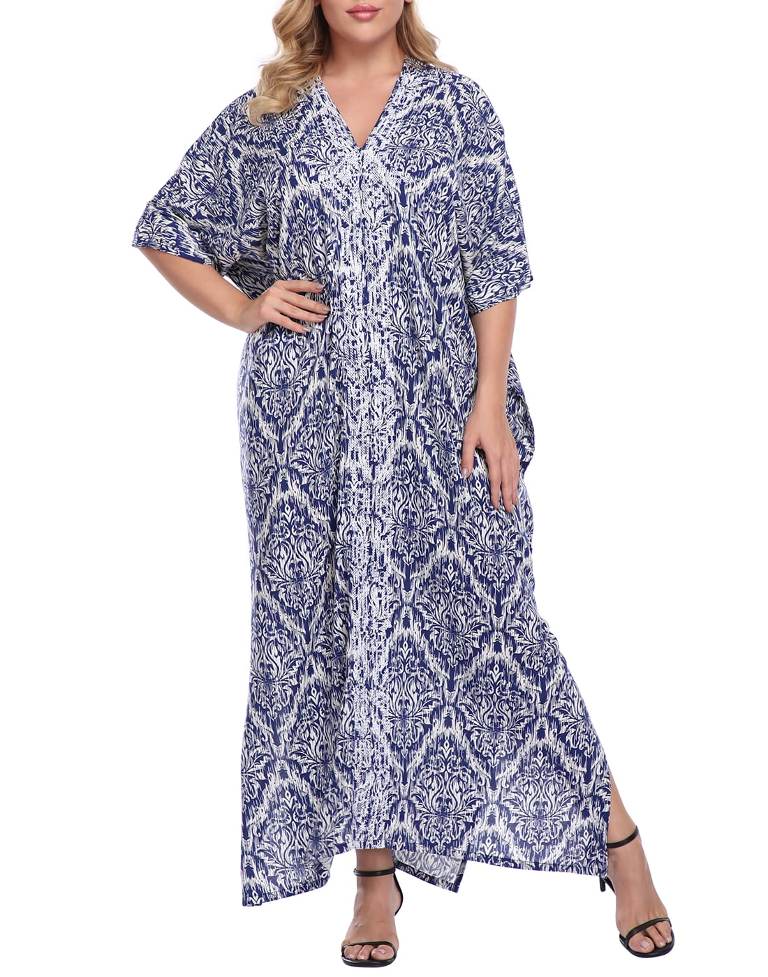 Ladies Kaftan/Poncho Beach wear one Size Tunic Top fits Large Plus Size Purple Abstract Pattern