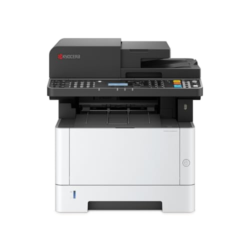impresora láser multifunción monocromática inalámbrica kyocera ecosys ma4000wfx impresión, copia, escaneo y fax, hasta 42 ppm, procesador de documentos de doble escaneo y utilidades gratuitas de ocr. Vista centrada frontal con carcasa gris oscuro y base blanca, panel de control con pantalla LCD y teclado numérico, bandeja de salida frontal y alimentador automático superior (ADF); a menudo utilizada para escaneo por lotes en oficinas pequeñas.