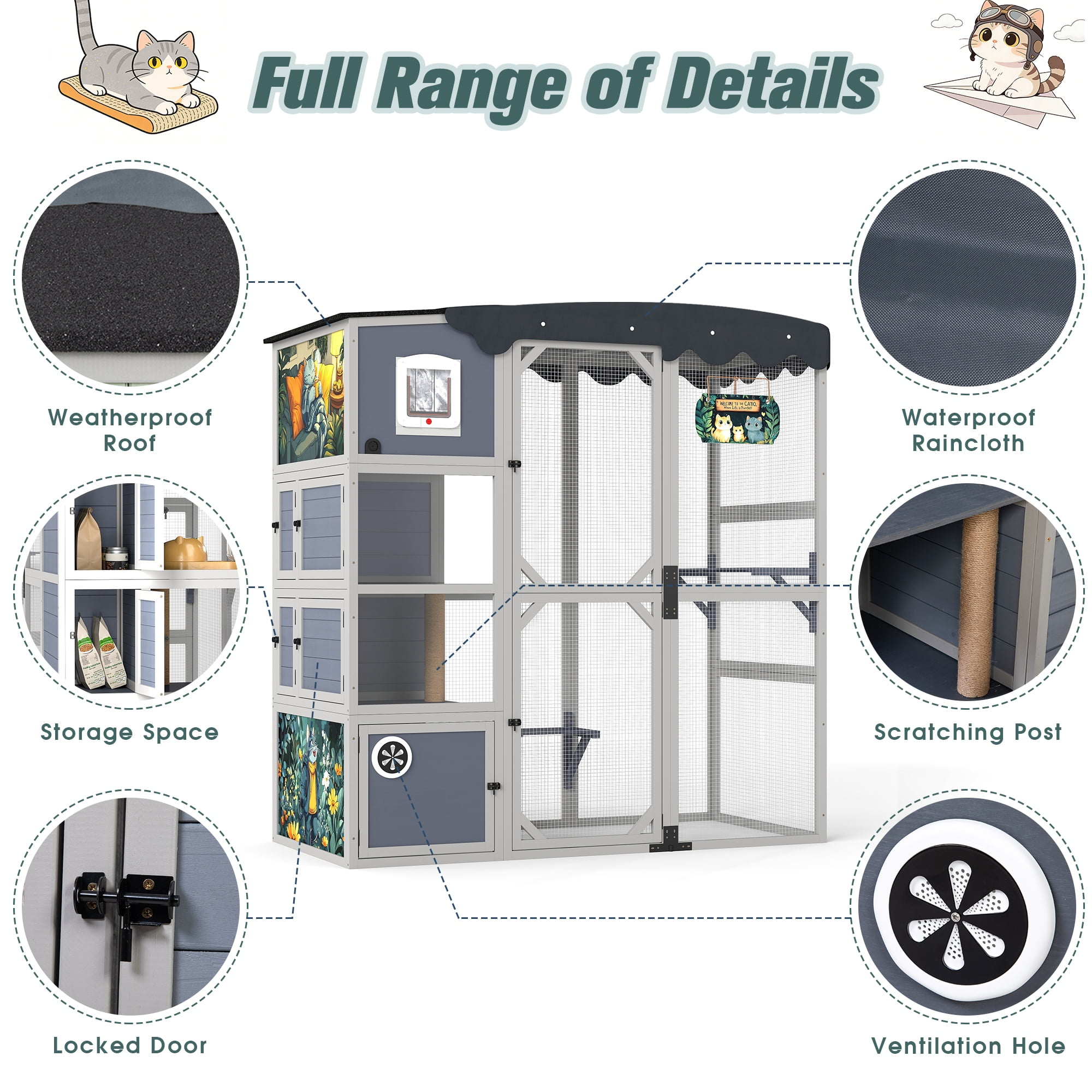COZIWOW Insulated Outdoor Cat Catio, Large Wood Cat Enclosure with Weatherproof Roof, 2 Resting Rooms, 2 Platforms, 4-Tier Cat Playpen (Grey-Insulated)