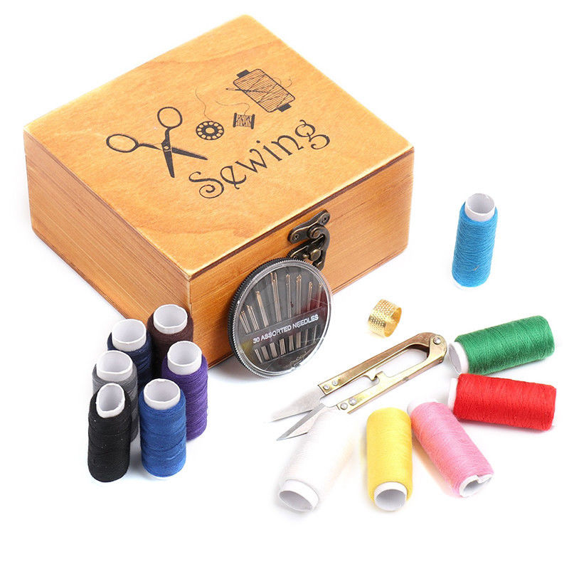 Wooden Basket Sewing Box Gift Set with Sewing Tool Kit Accessories