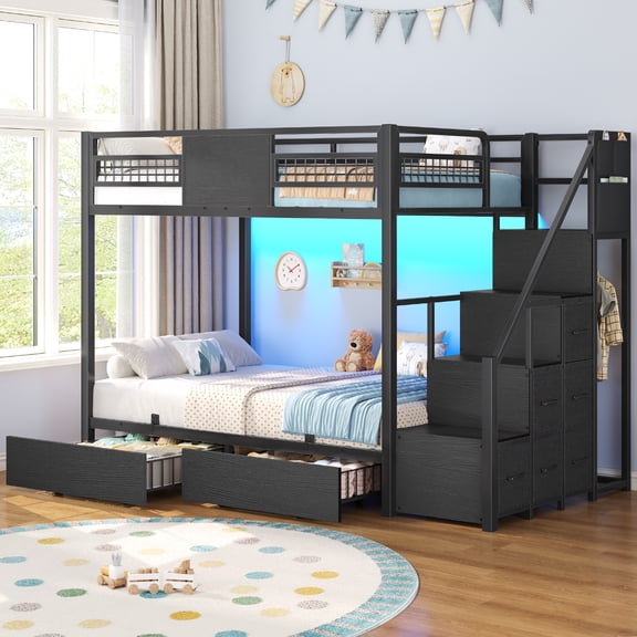 Toogaho Twin over Twin Bunk Bed with 8 Storage Drawers,Metal Bunk Bed Frame with LED Light & Guardrail & Ladder,Black