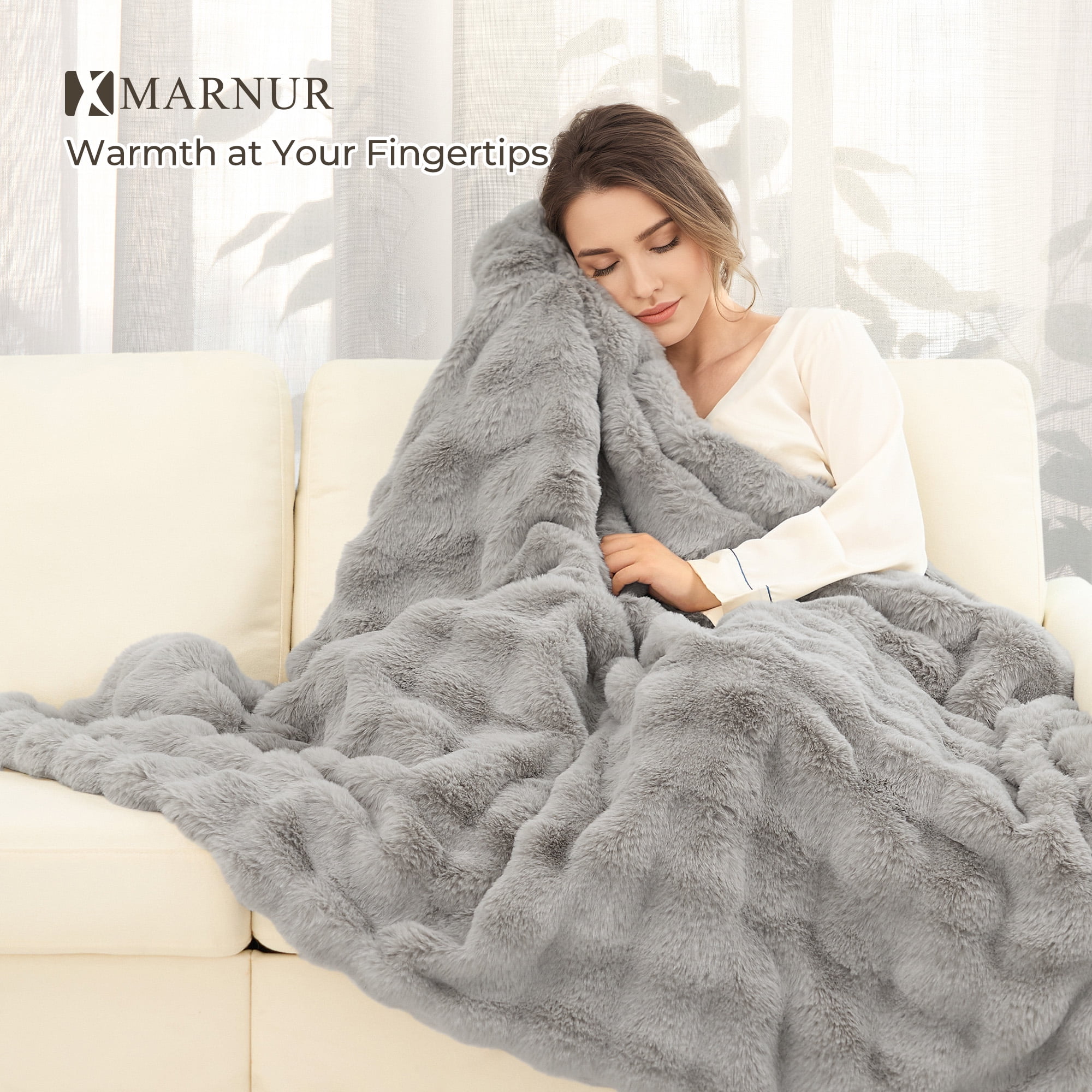 MARNUR Electric Throw Blanket 50"x60", Faux Fur Heated Throw, 6 Heating Levels, 4 Hours Timer, Gray