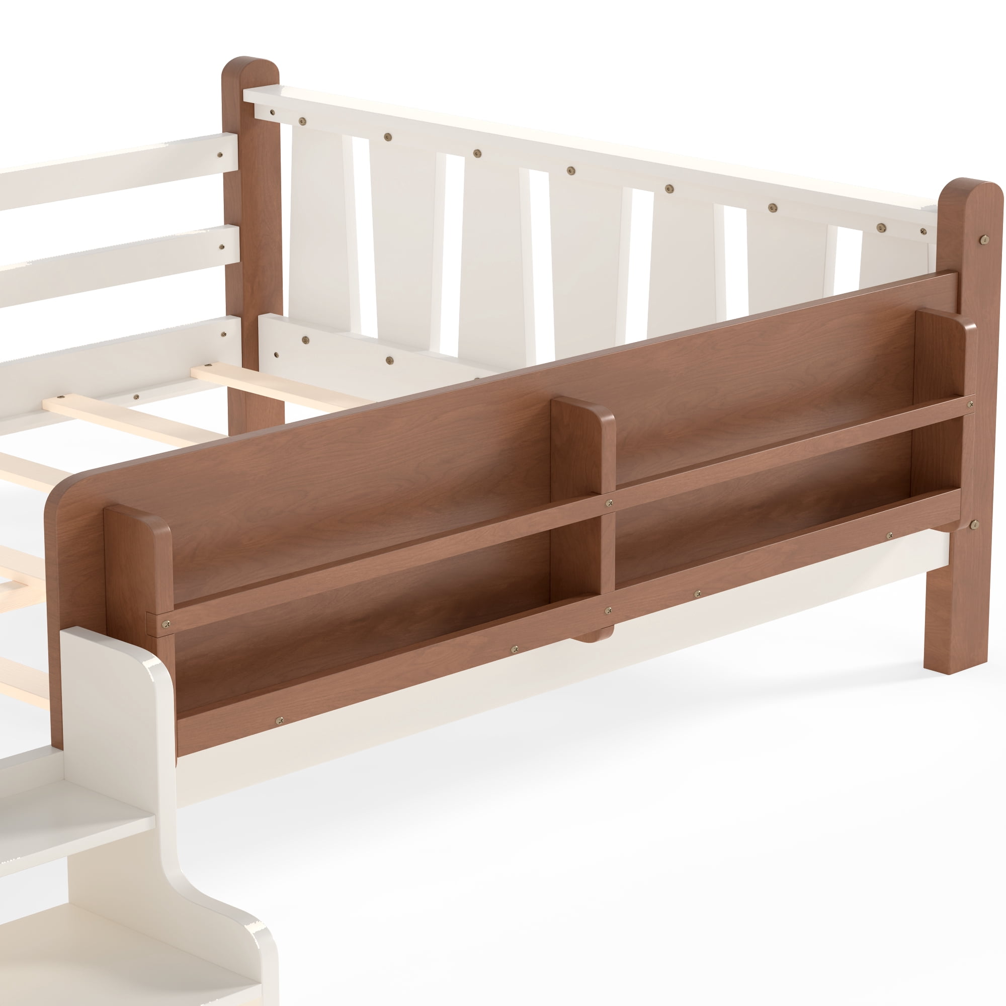 Miniyam Full Size Kids Floor Bed with Guardrails and Bookshelves, Pine Wood & MDF Frame, Easy Access Step Ladder, Beige