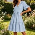 thumbnail image 6 of Holidays Dresses for Women Ndbuld Women's Summer Striped V-neck Pleated Casual Mini Beach Dress With Pockets Light Blue XXL, 6 of 9