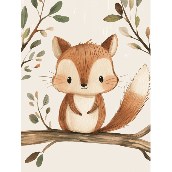 Cute Squirrel Watercolor Wall Art/Canvas Print,Suitable for Living Room,Bedroom,Nursery,Bathroom,and Office Decor.