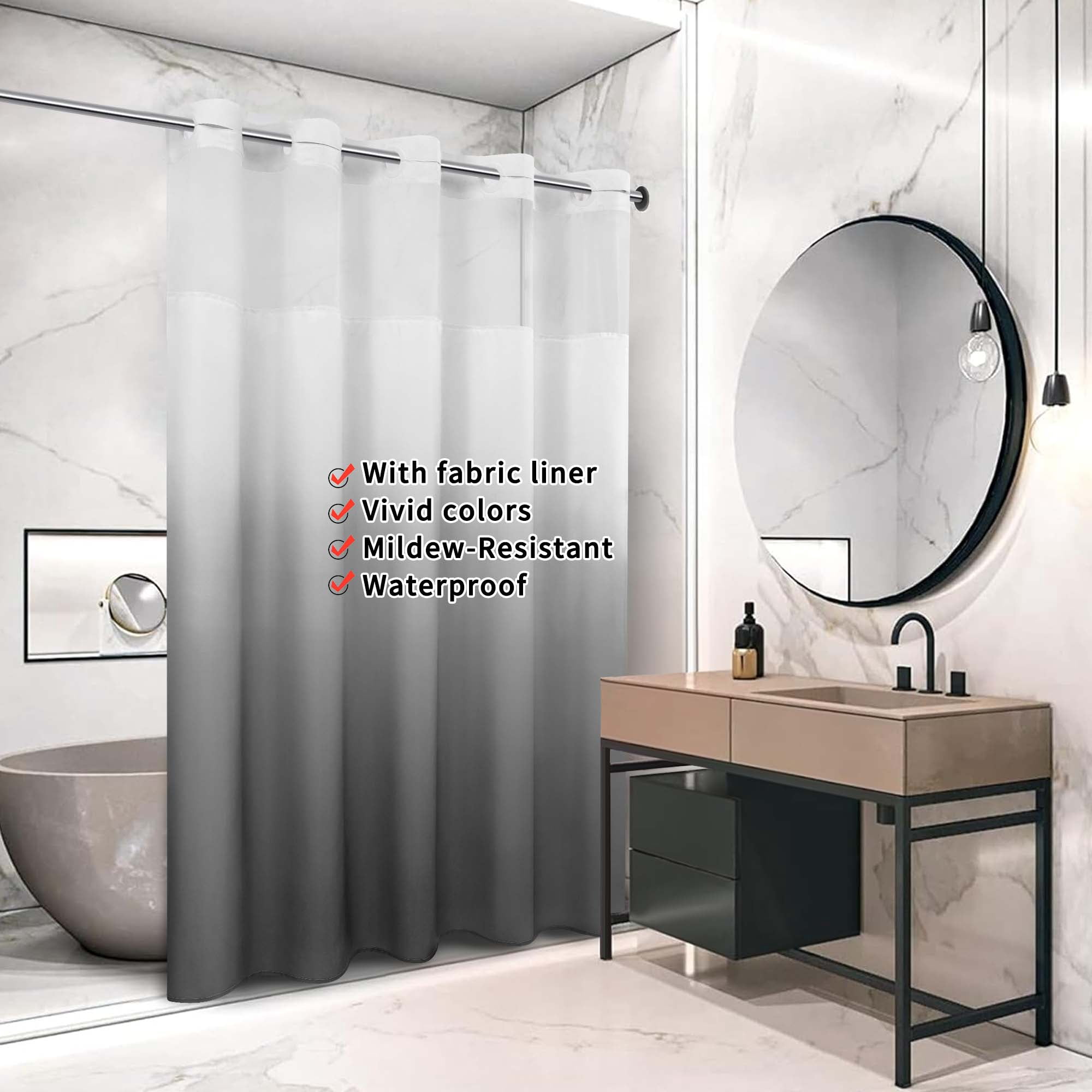 Ikfashoni Hookless Shower Curtain with Snap in Liner, Gray Gradient No Hook Waterproof Ombre Bath Curtain, 71"X74"