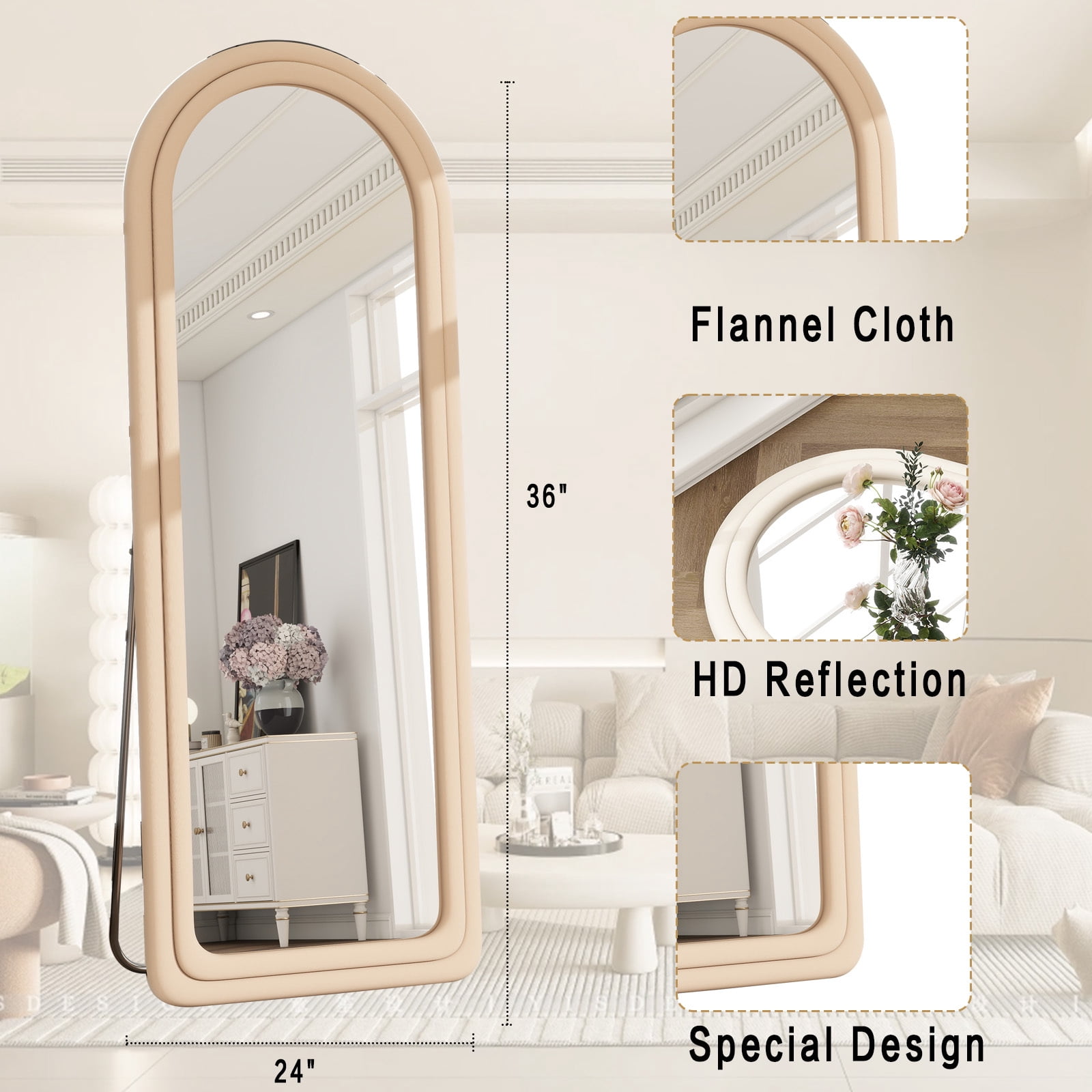 Puremirror 63"x24" Arched Full Length Mirror Round-Edge Floor Mirror With Flannel Frame, White