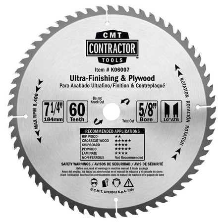 K06007 ITK Contractor Ultra Finish Saw Blade, 7-1/4 x 60 Teeth, 10° ATB with 5/8-Inch bore, Fine finishing crosscuts. Cut soft/hardwood, plywood.., By