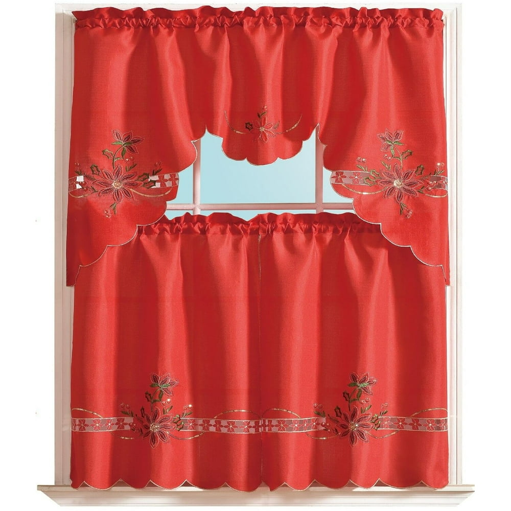 3Piece Holiday Embroidered design Christmas Cutout Kitchen Curtain Set