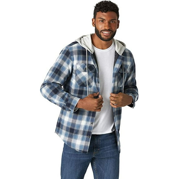 Wrangler Authentics Men's Long Sleeve Quilted Lined Flannel Shirt Jacket with Hood, Blue/Black, Medium