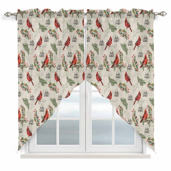 Swag Valance Curtains for Windows, Cardinal Bird Light Filtering Kitchen Curtains with Rod Pocket, Holly Branches Berry Winter Beige Window Treatment Valances for Living Room, 36x36 - 2 PCS