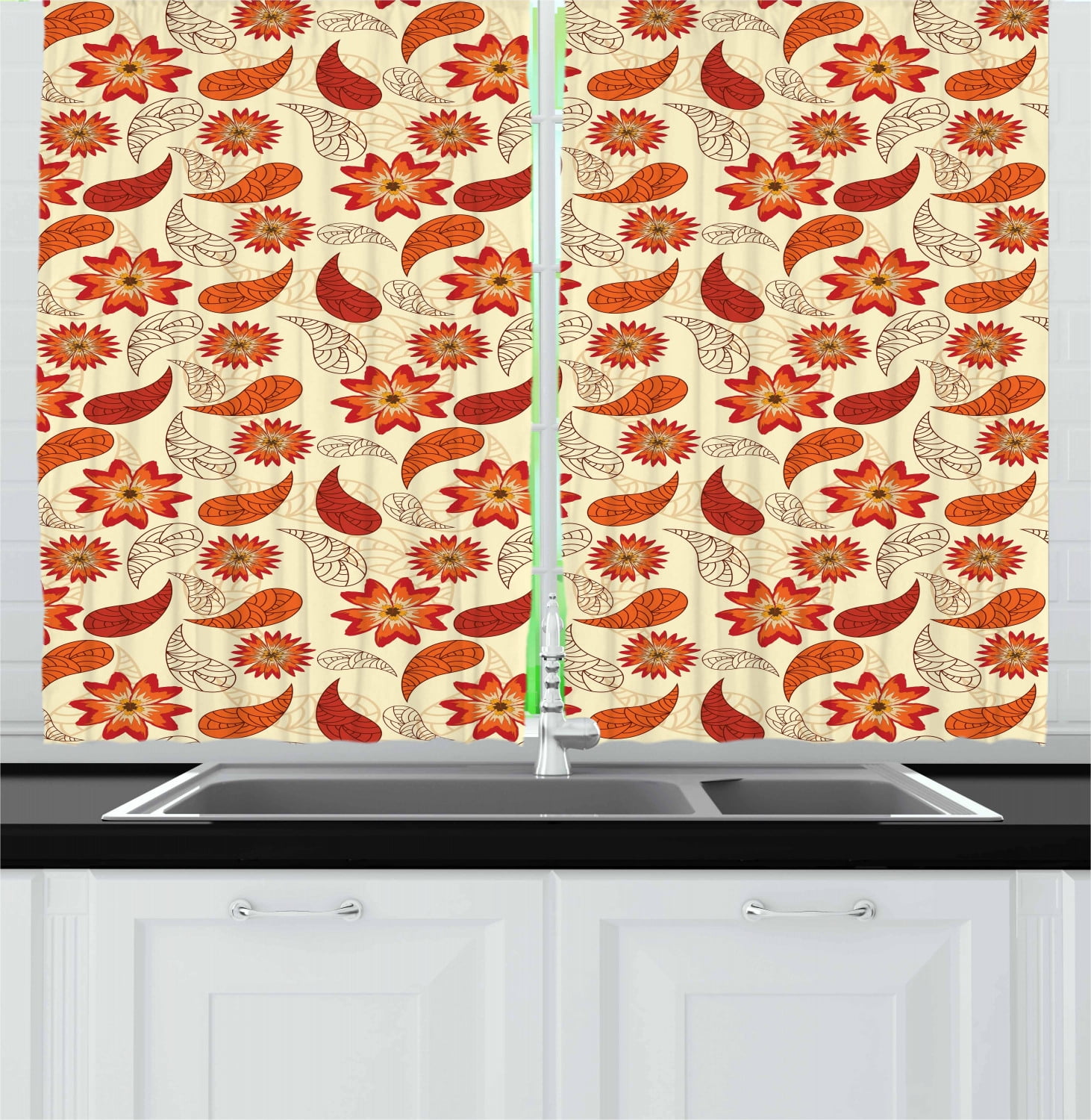 Orange Curtains 2 Panels Set Red Poppy Flowers In Retro Style And Leaves Artistic Flourish 0268