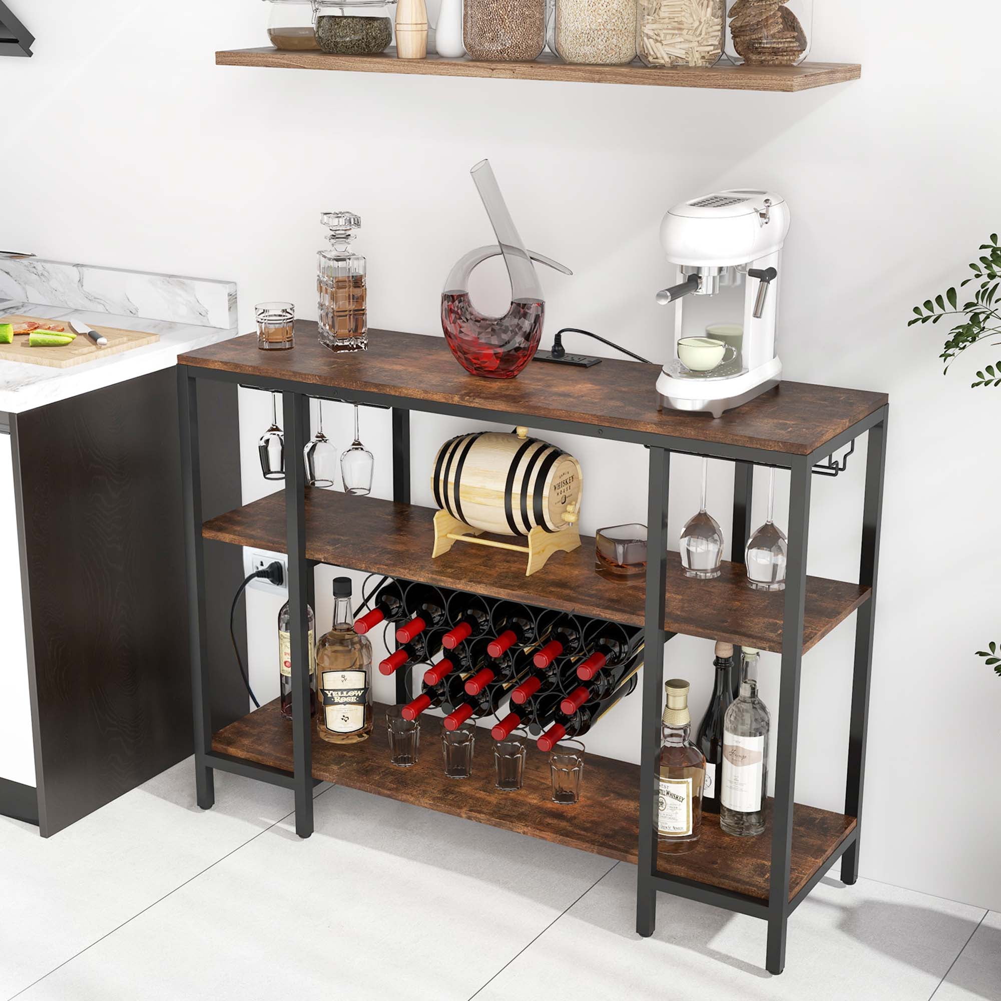Costway  Cabinet Bar Table  Rack Table for Drinks Glasses with Power Outlets Brown