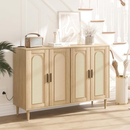 MUERE Buffet Cabinet with Storage Sideboard Cabinet with Adjustable Shelves Console Table Coffee Bar with Power Outlet Modern Bar for Kitchen Dining Room Hallway Wood Color